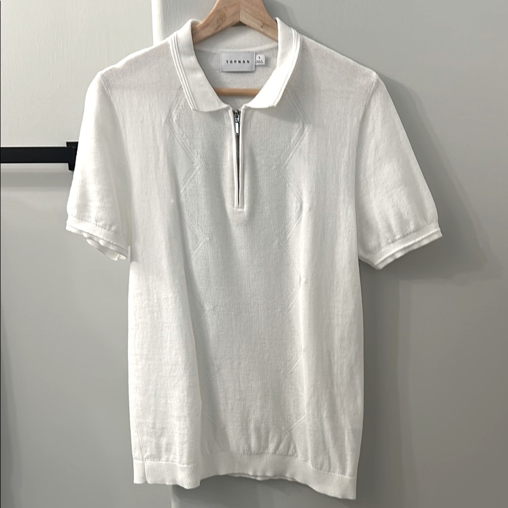 White Topman Zipper Knitted Polo Shirt